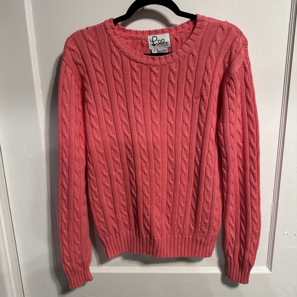 LILLY PULITZER Sweater M Ribbed Cable Crewneck Pullover Cotton Coral Preppy